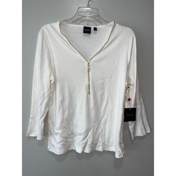 Rafaella Womens White 3/4 Sleeve Top With Gold Zipper Small - Picture 1 of 10